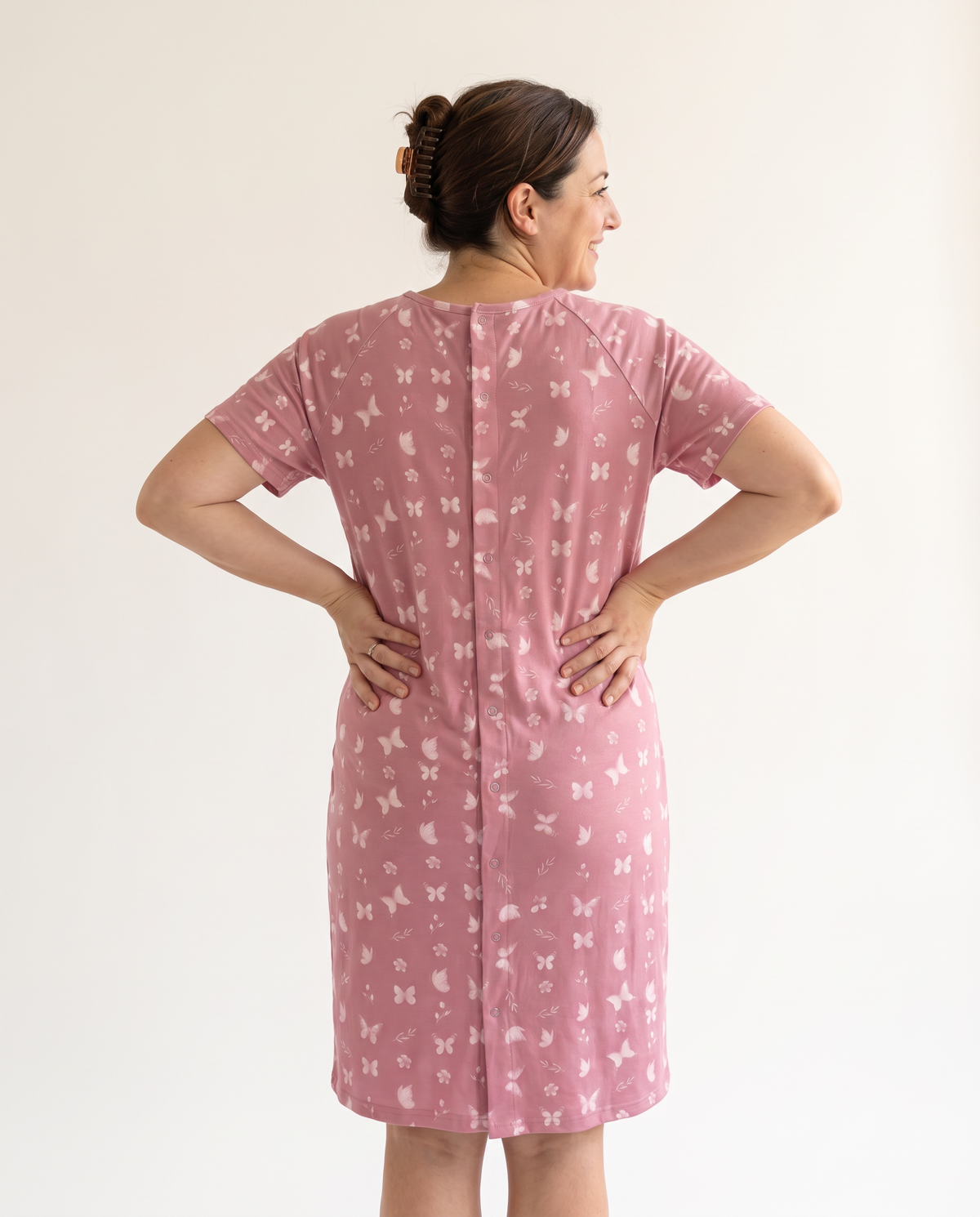 Labor & Delivery Gown in Rosewood Butterfly — back view with snaps