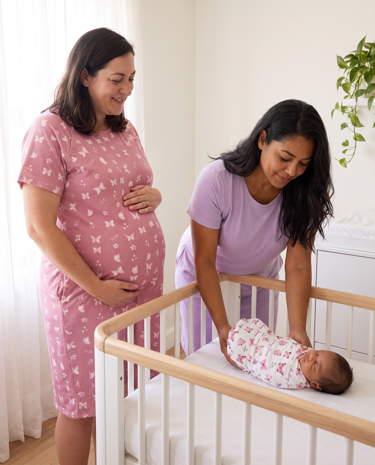 Labor & Delivery Gown in Rosewood Butterfly — two moms in different colors