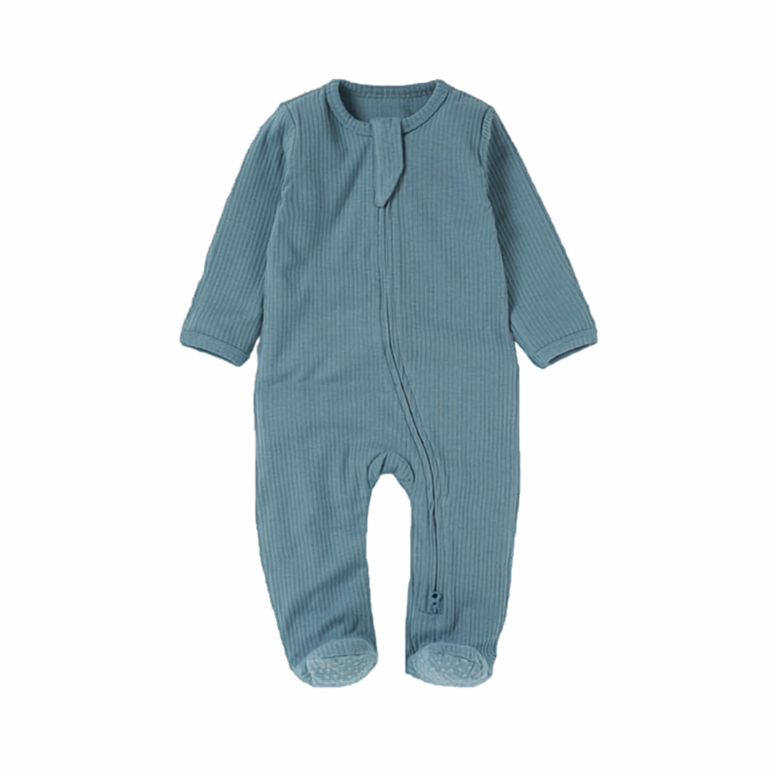 Ribbed Zipper Footie in Gray and Blue