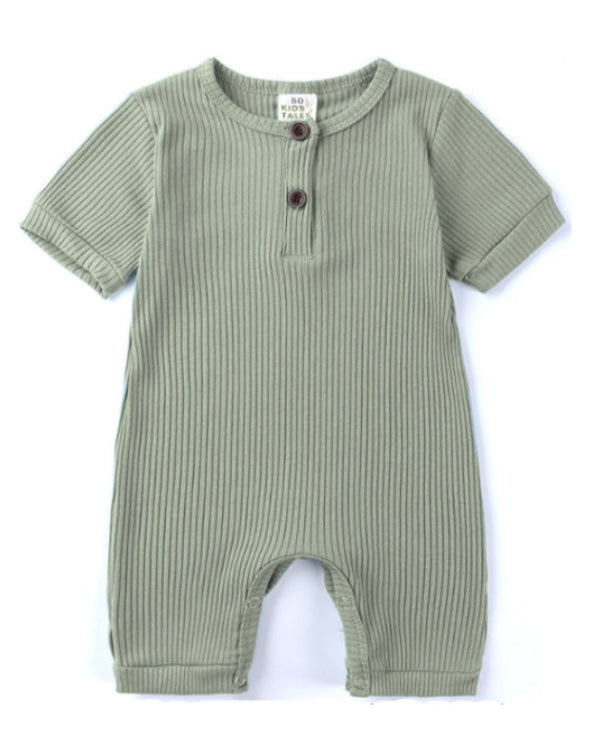 Ribbed Short-sleeved Snap Romper in Green