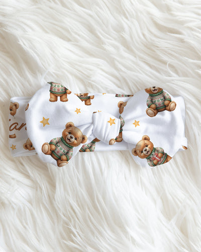 Personalized Bow Headband in Cozy Bear