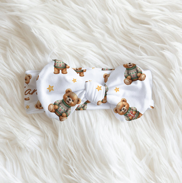 Personalized Bow Headband in Cozy Bear