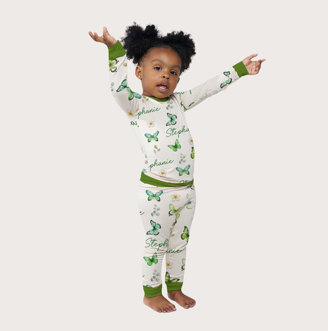 Personalized Baby Pajama Set in Green Butterfly
