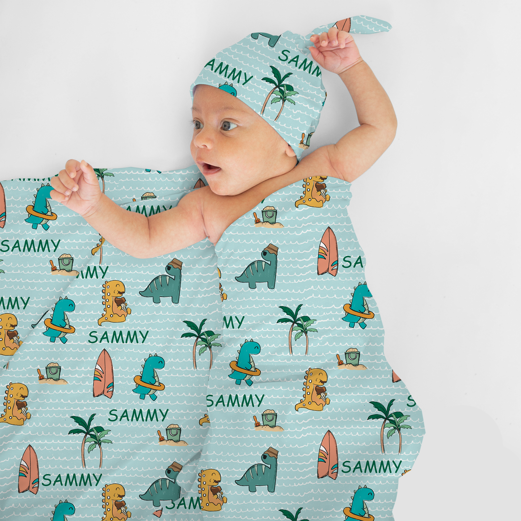 Summer Dinosaurs Personalized Swaddle Blanket