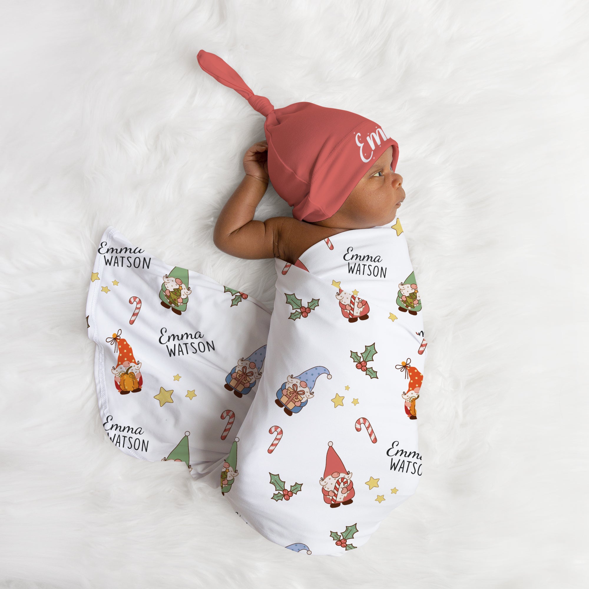 Personalized Swaddle Blanket in Christmas Gnomes