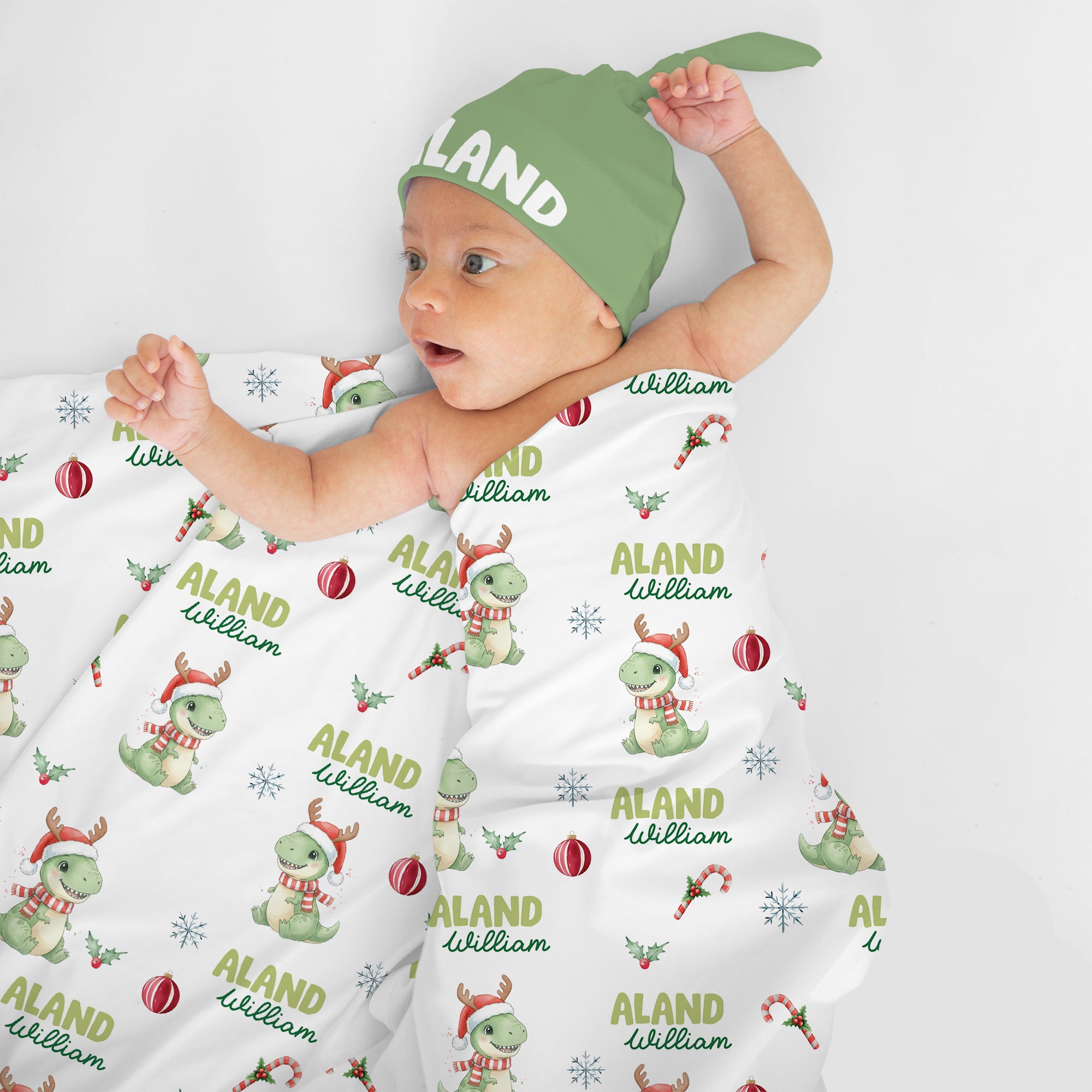Personalized Swaddle Blanket in Dinosaur's Christmas