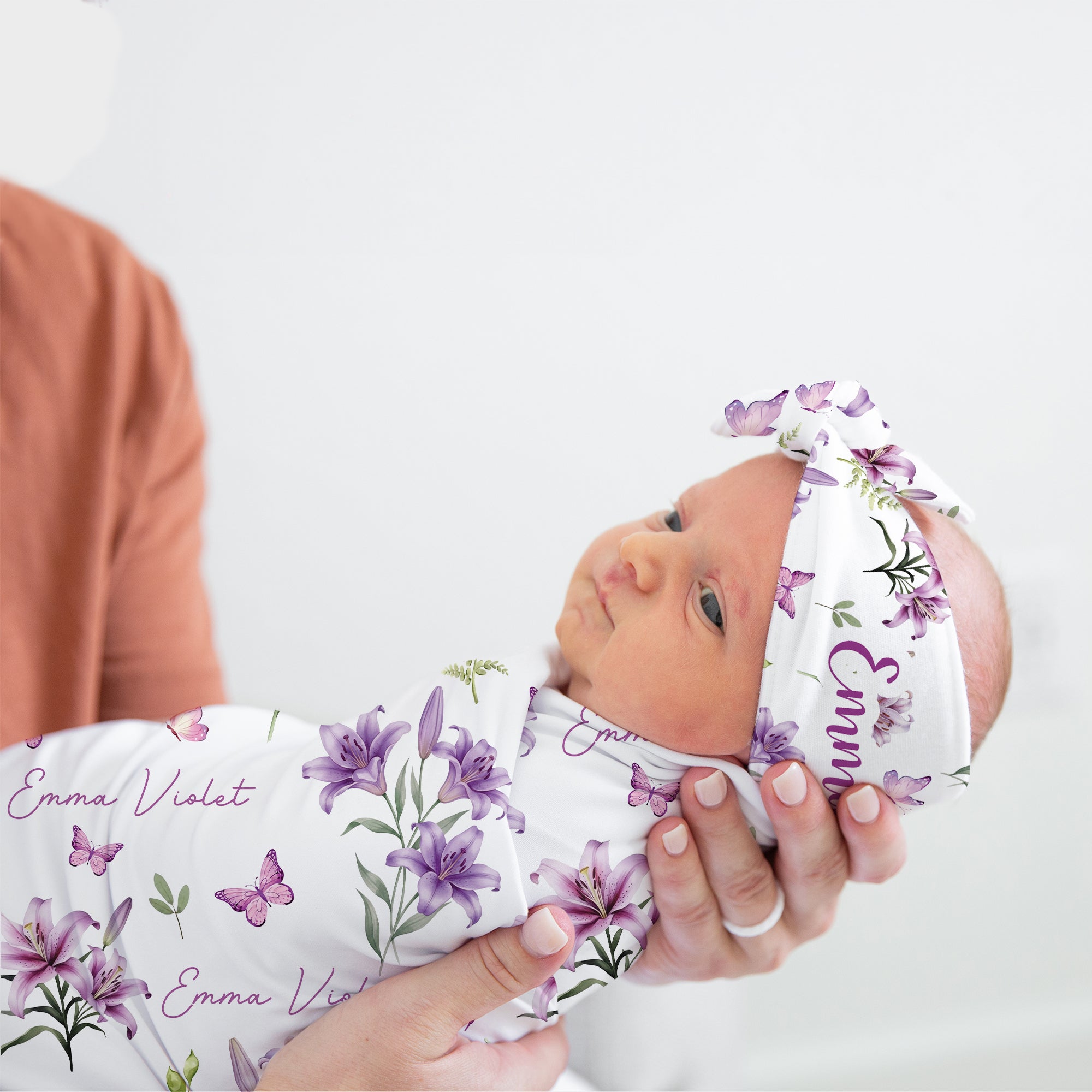 Personalized Knotted Headband in Purple Lilys
