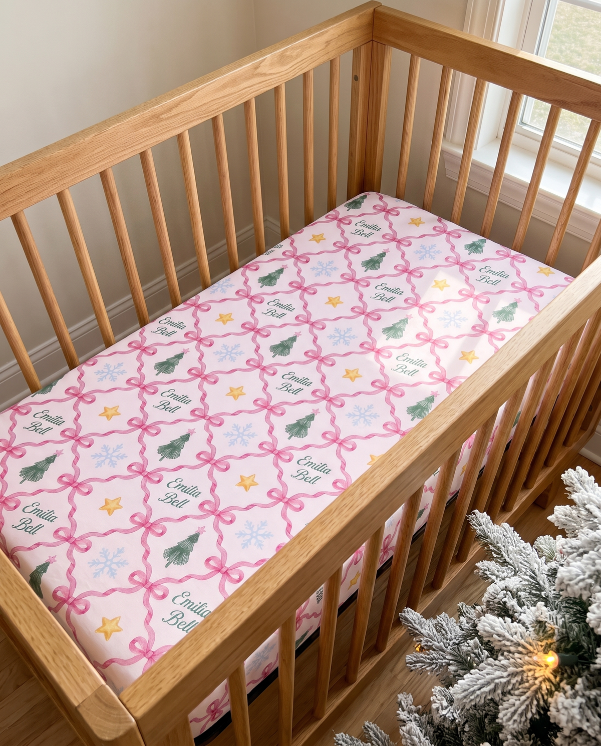 Personalized Crib Sheet in North Star, empty crib scene