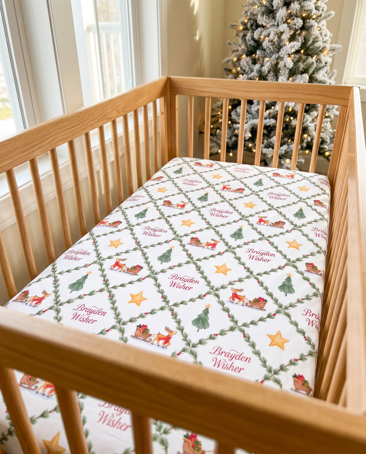 Personalized Crib Sheet in North Trail, empty crib scene