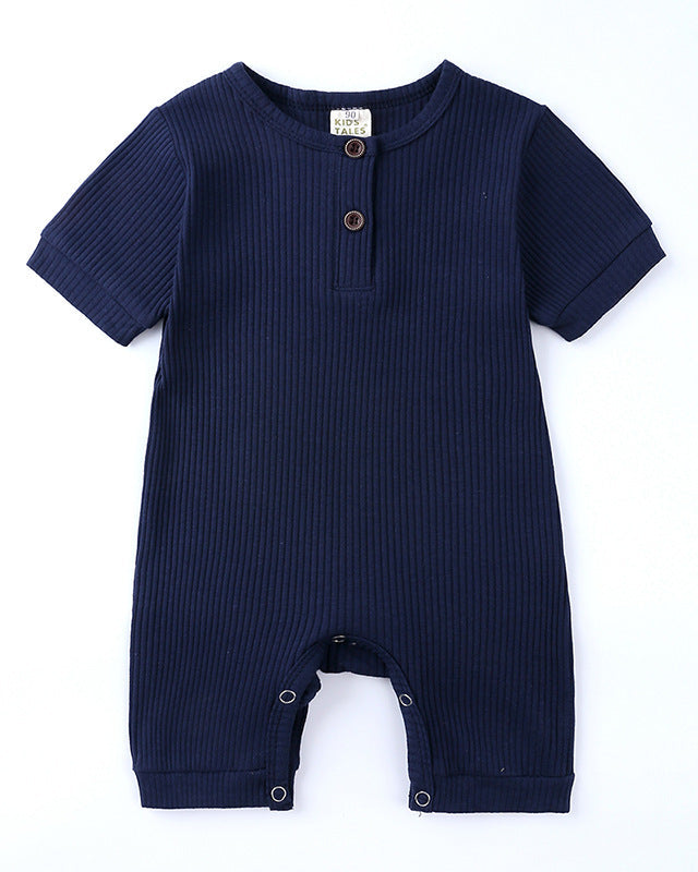 Ribbed Short-sleeved Snap Romper in Navy Blue