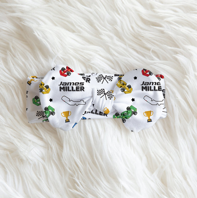 Personalized Bow Headband in Pit Crew
