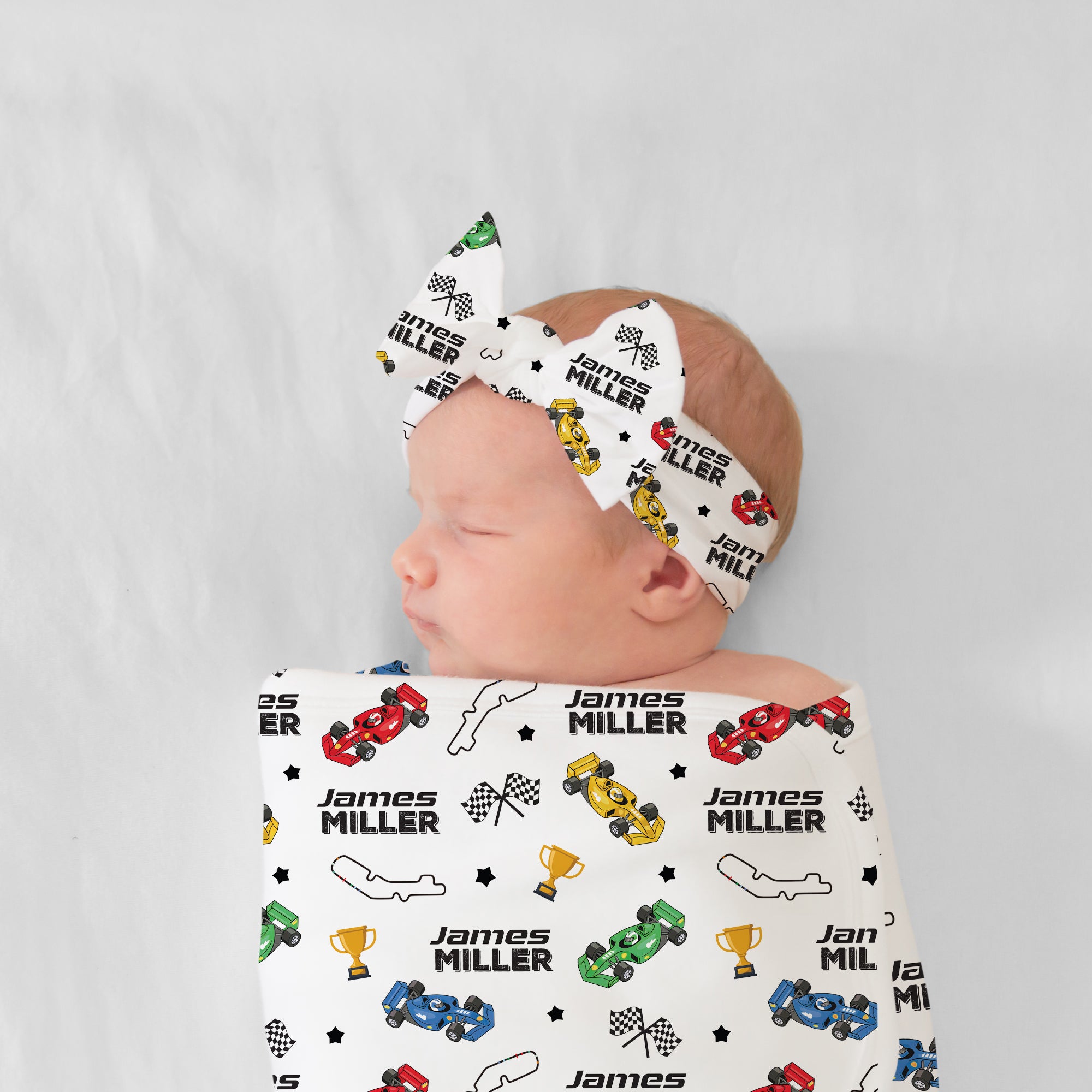 Personalized Bow Headband in Pit Crew