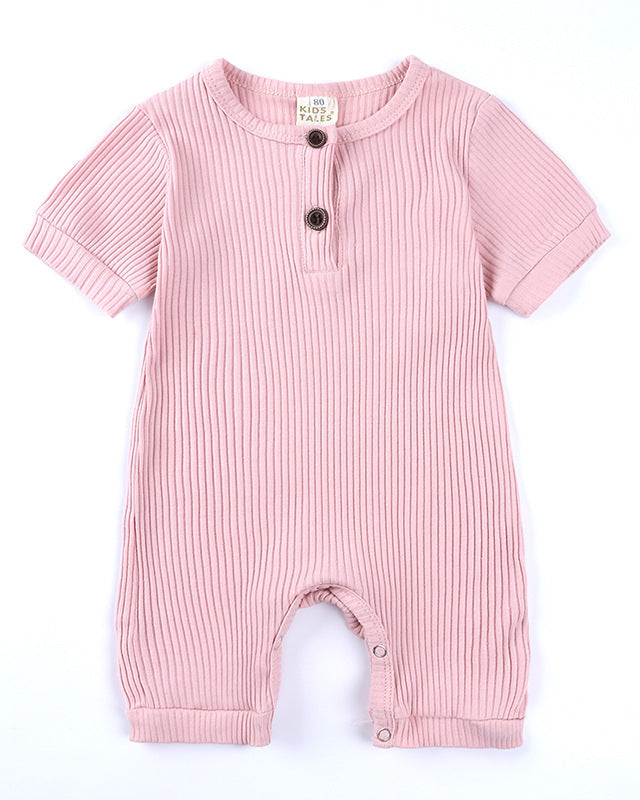 Ribbed Short-sleeved Snap Romper in Pink