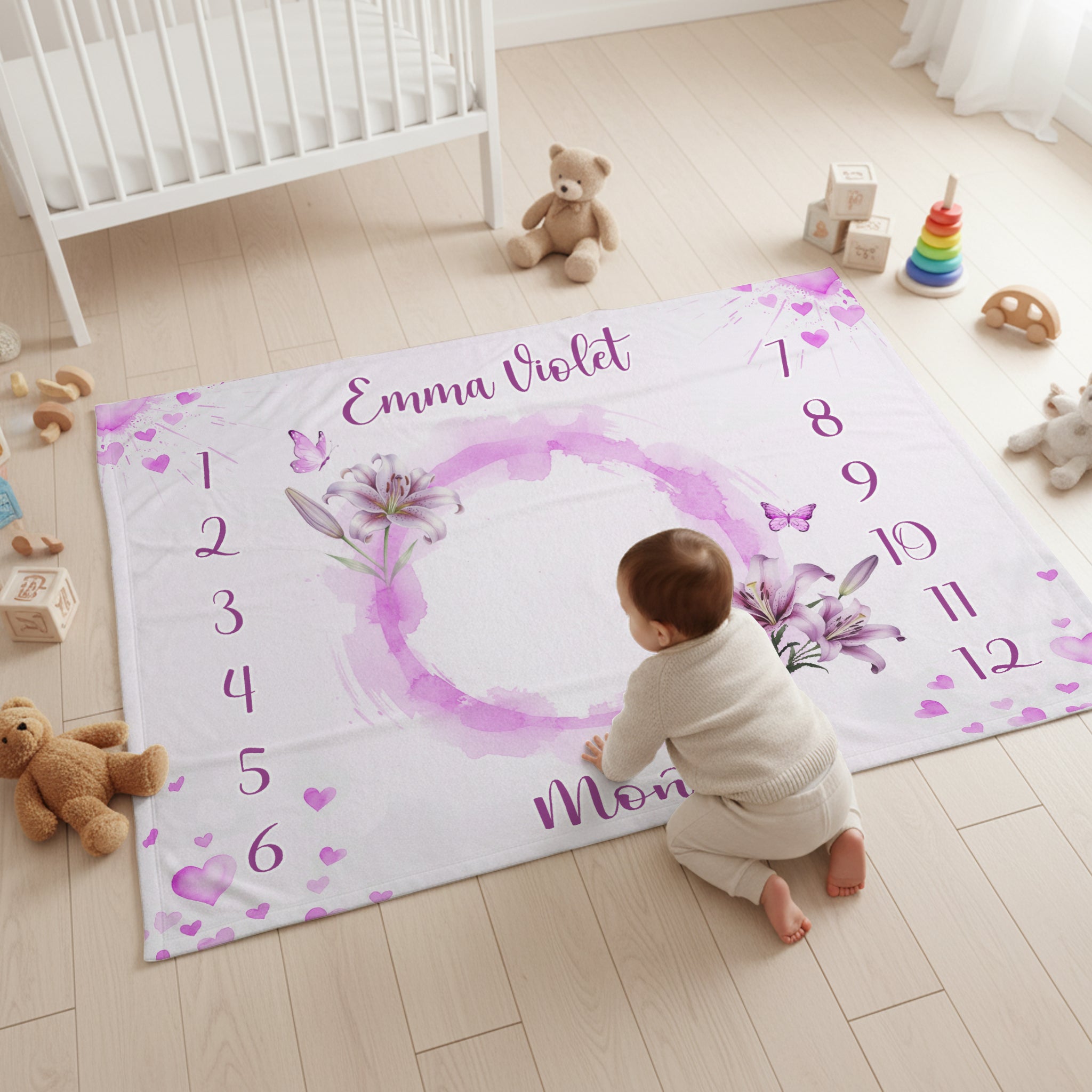 Personalized Milestone Blanket in Purple Lilys