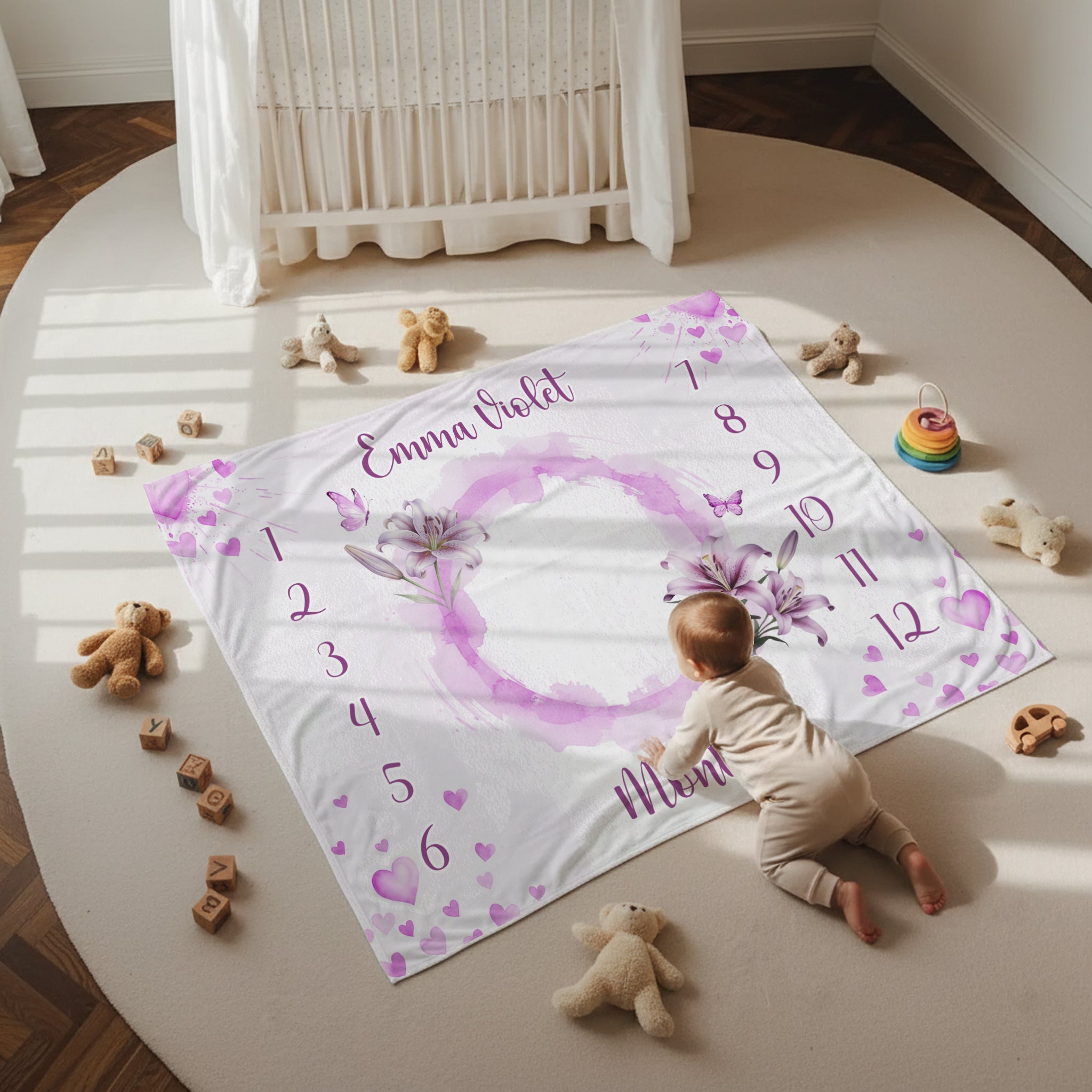 Personalized Milestone Blanket in Purple Lilys