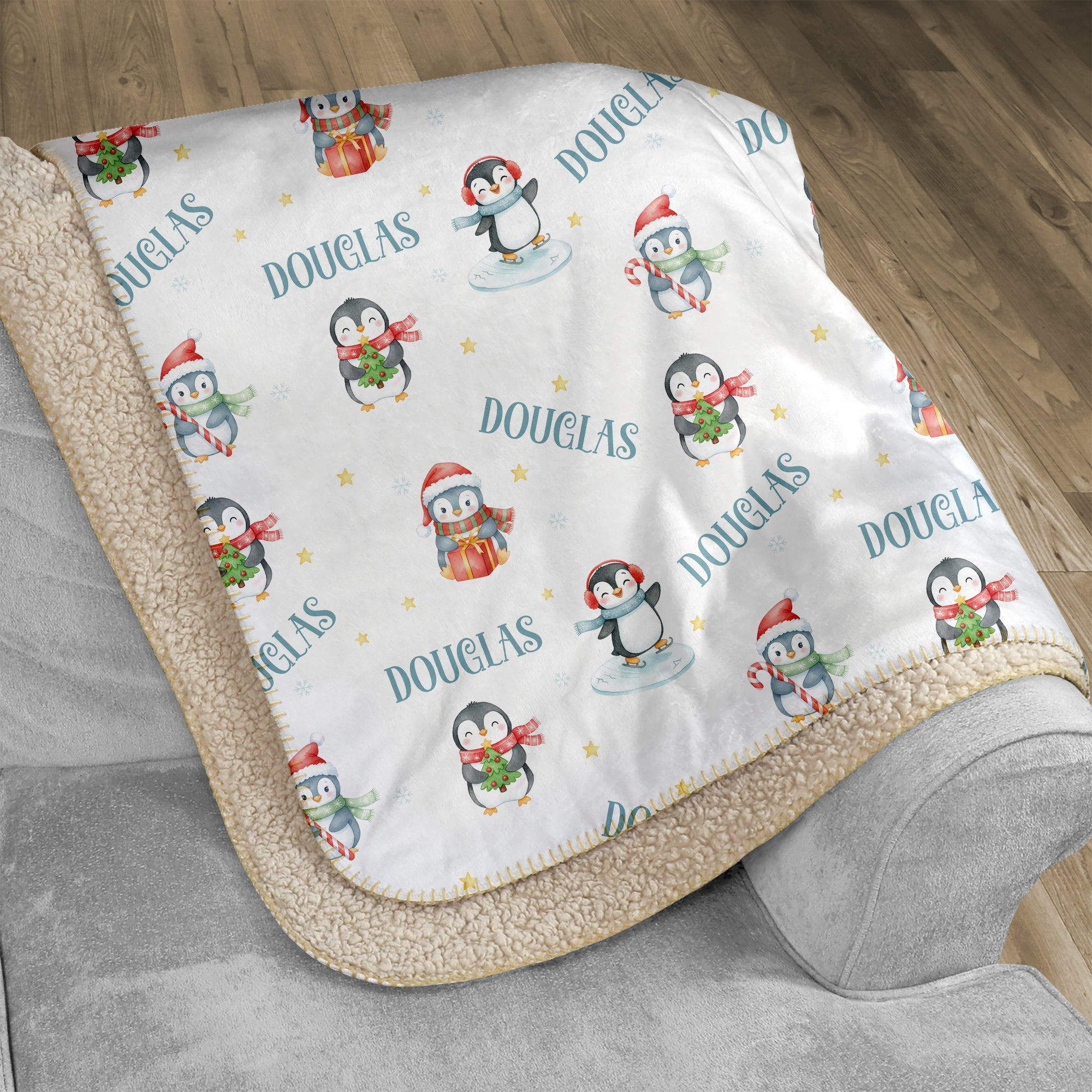 Snow Penguin Personalized Sherpa Blanket