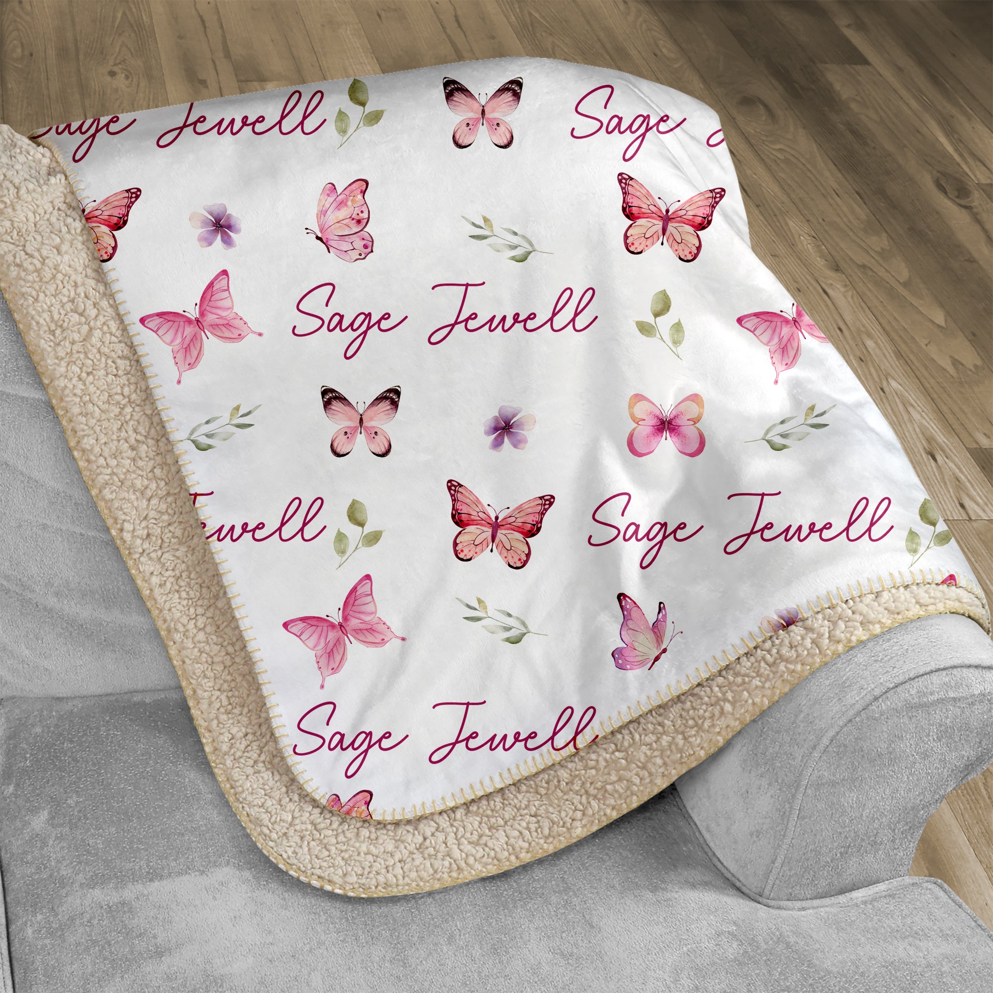 Pink Butterfly Personalized Sherpa Blanket