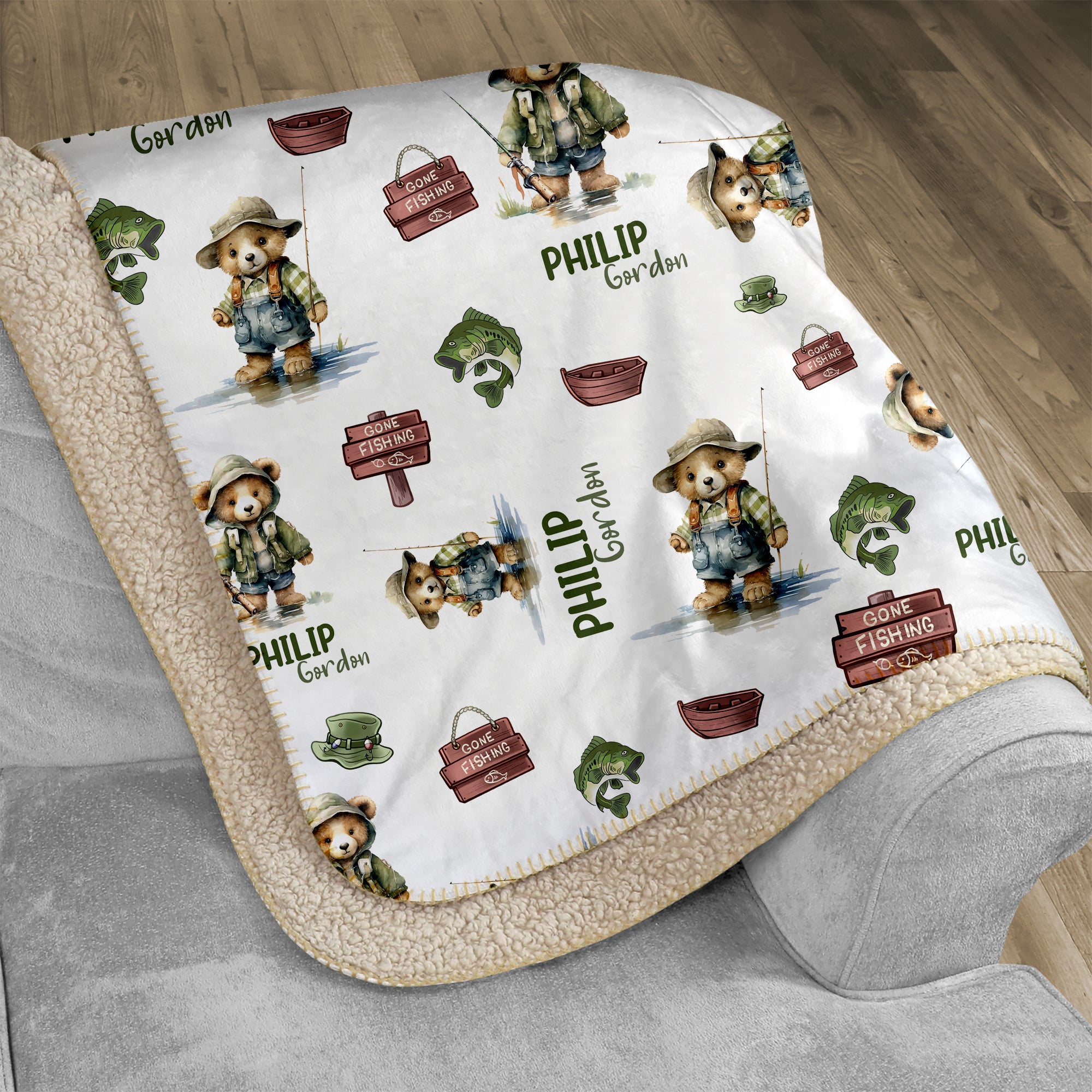 Bear Fishing Personalized Sherpa Blanket