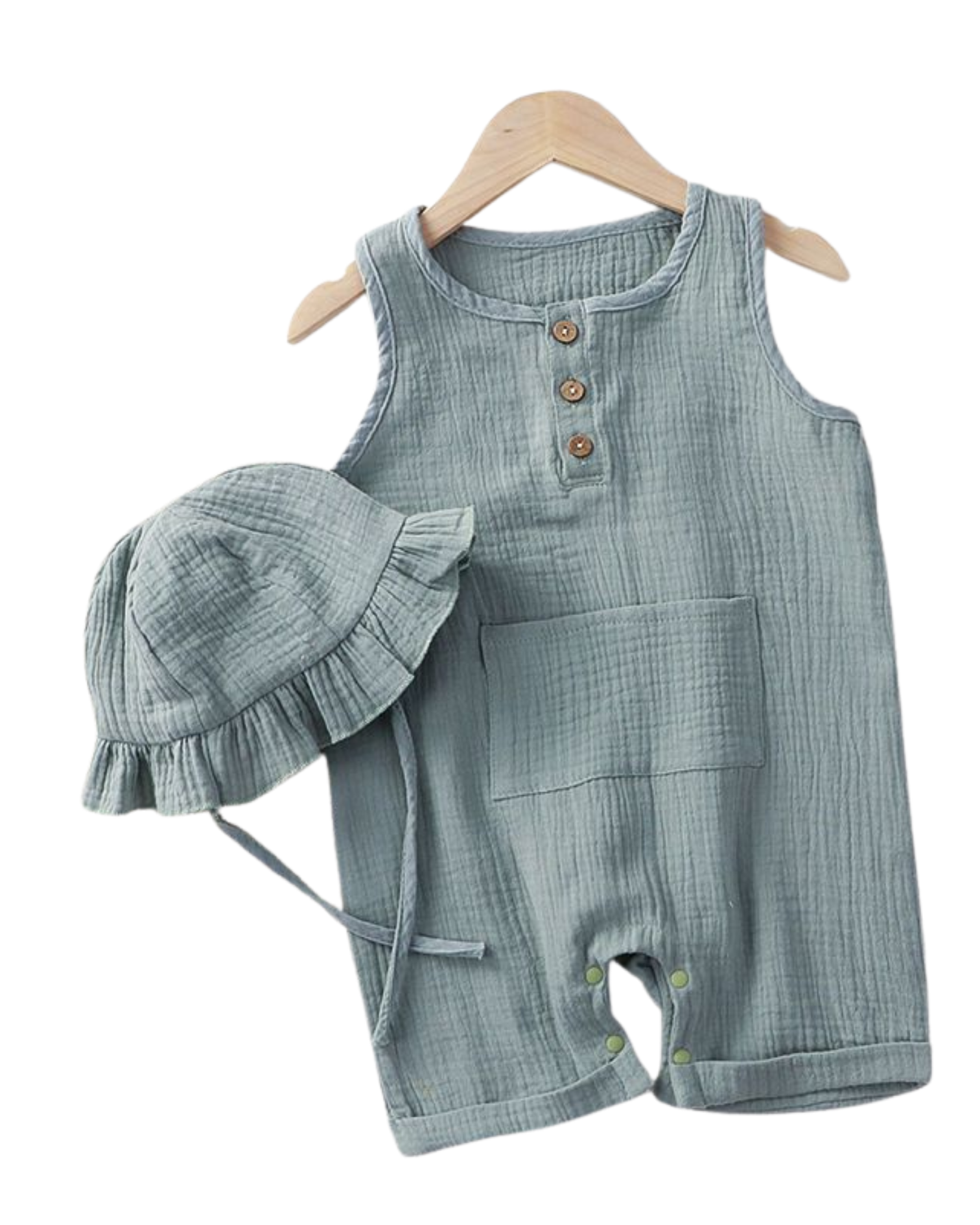 Sleeveless Gauze Snap Romper with Hat in Blue