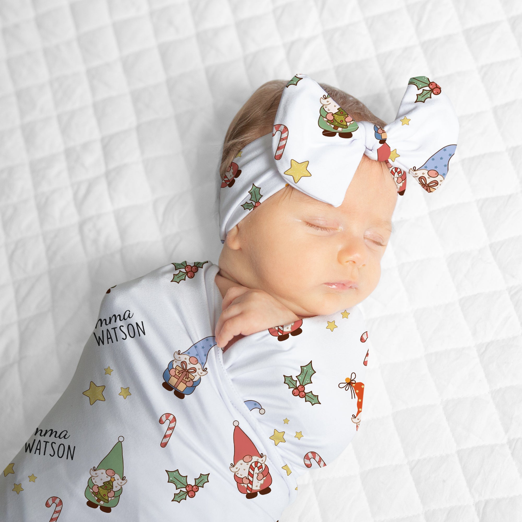 Personalized Bow Headband in Christmas Gnomes