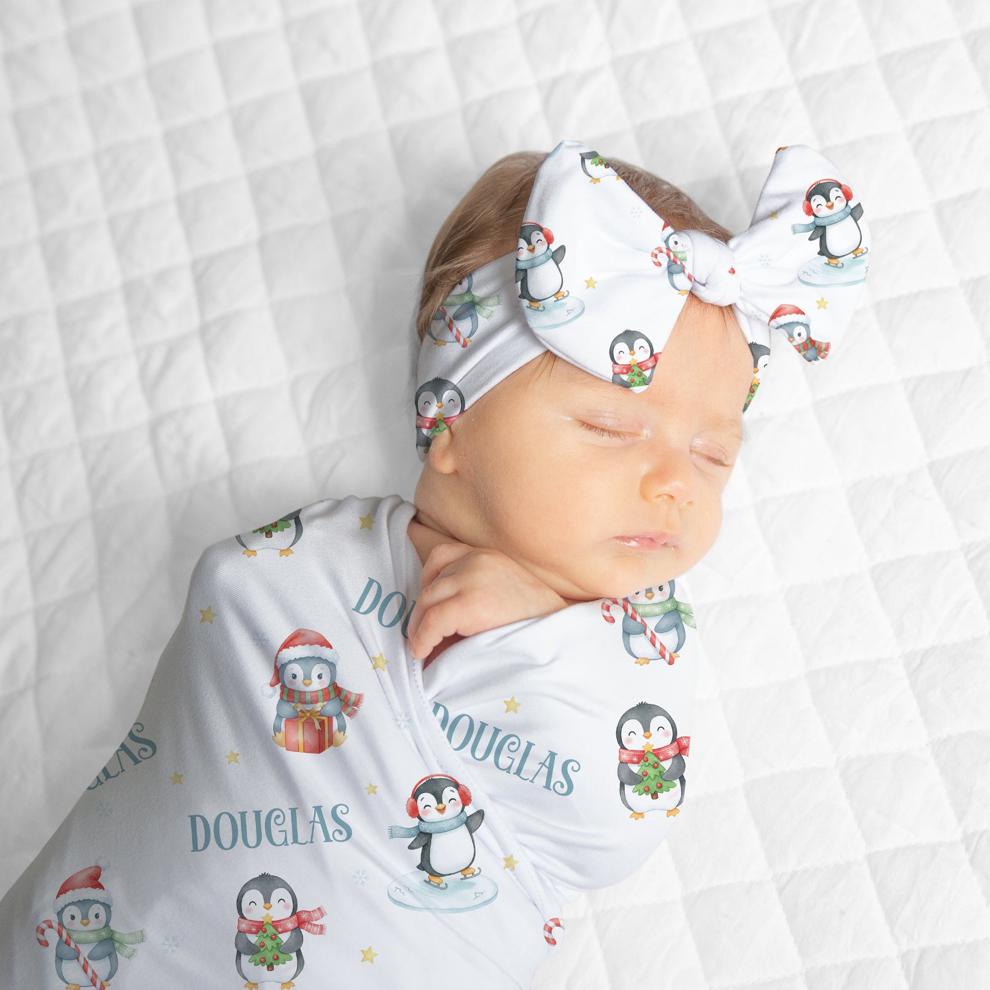 Personalized Bow Headband in Snow Penguin