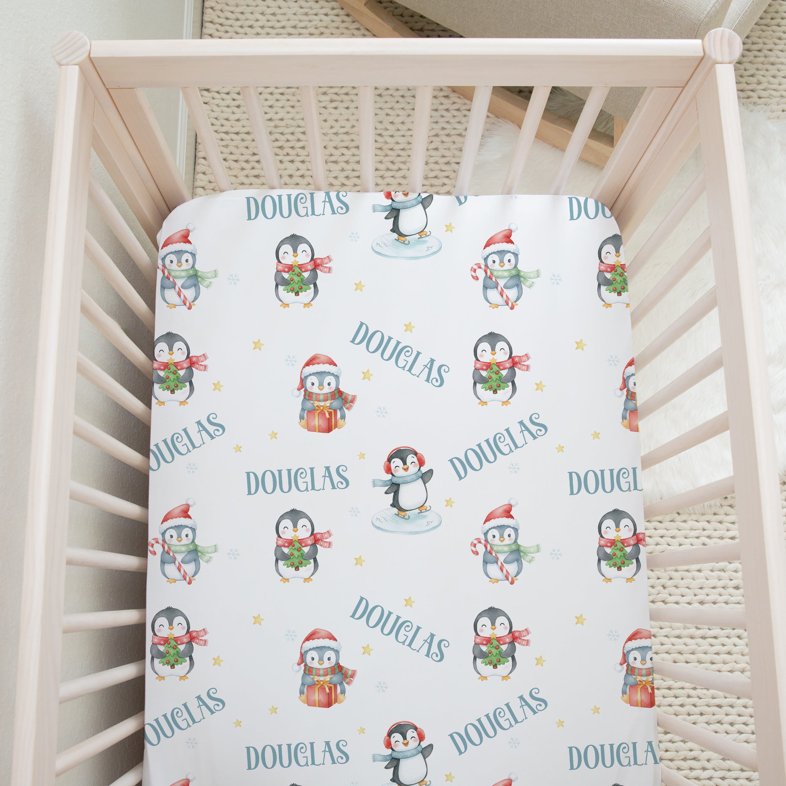 Snow Penguin Personalized Crib Sheet