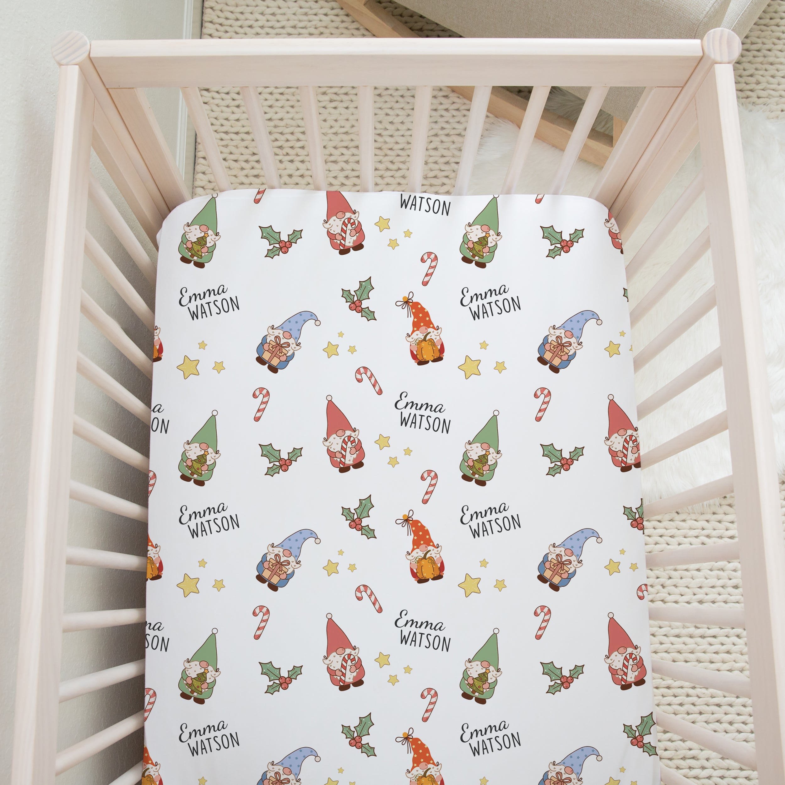 Christmas Gnomes Personalized Crib Sheet