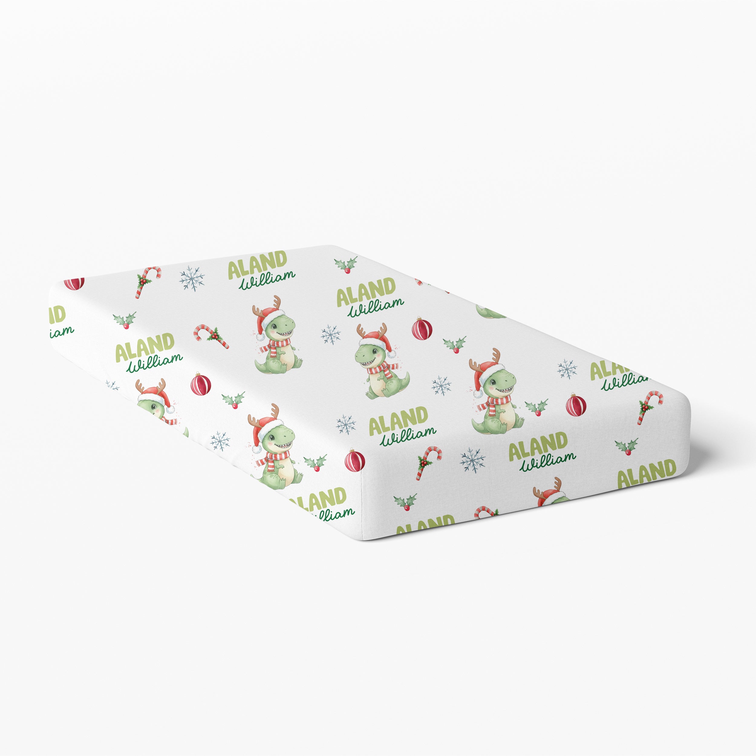 Personalized Crib Sheet in Dinosaur's Christmas