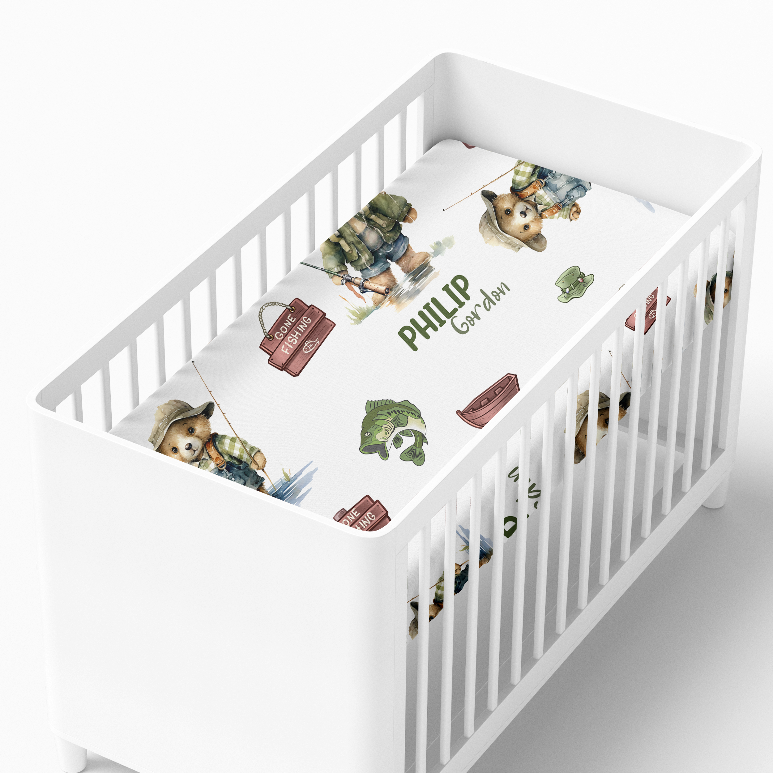 Personalized Crib Sheet in Bear Fishing