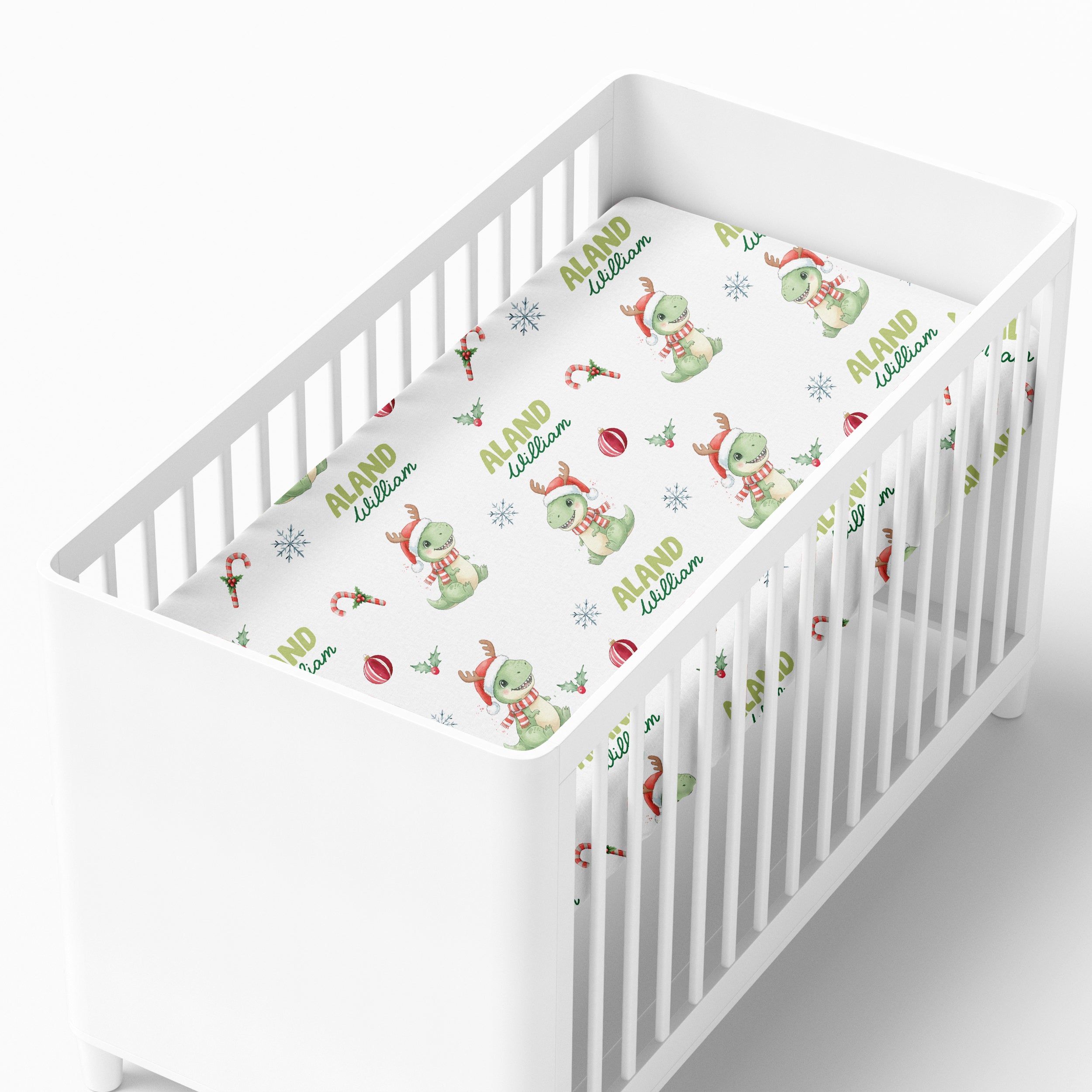 Personalized Crib Sheet in Dinosaur's Christmas