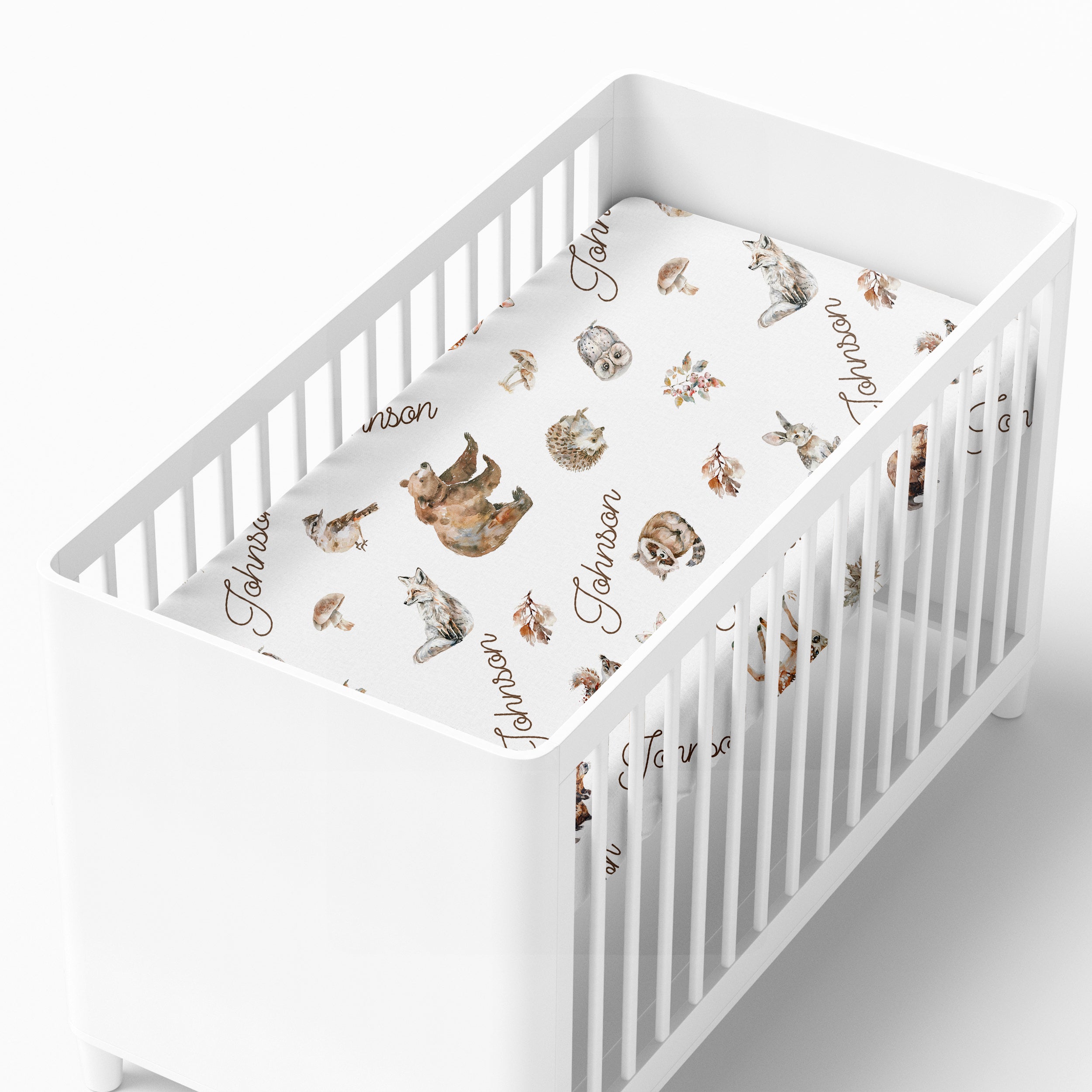 Personalized Crib Sheet in Woodland Animals