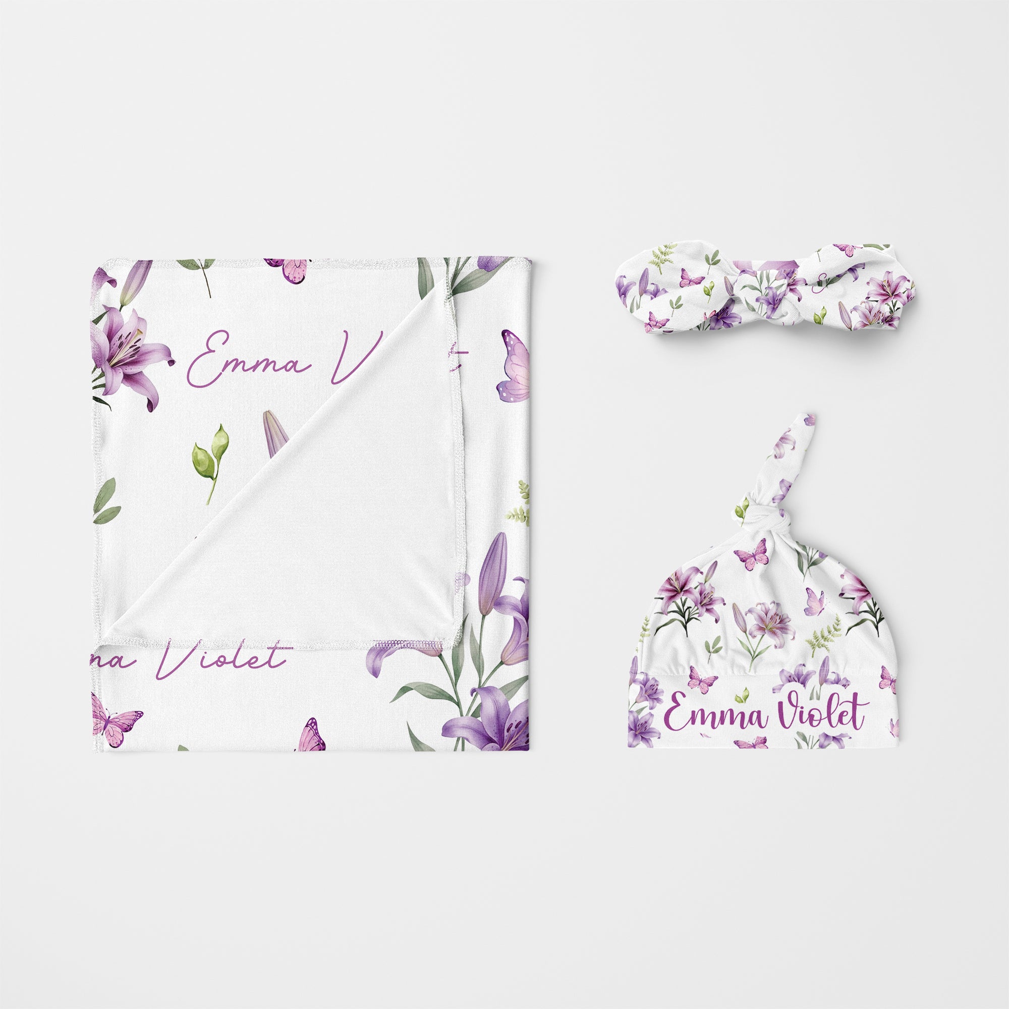 Personalized Knotted Headband in Purple Lilys