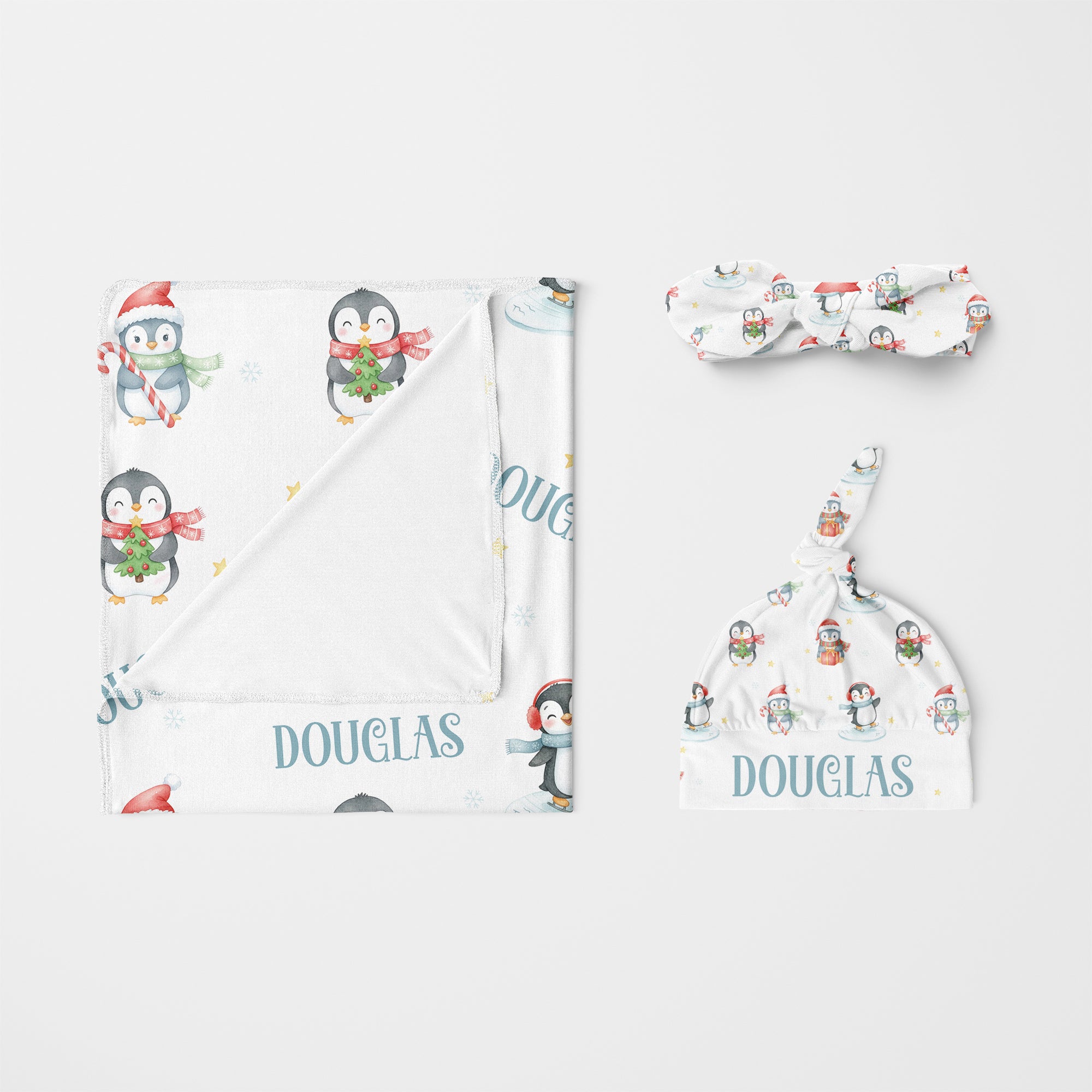 Personalized Knotted Headband in Snow Penguin