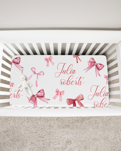 Personalized Crib Sheet in White Coquette Bow