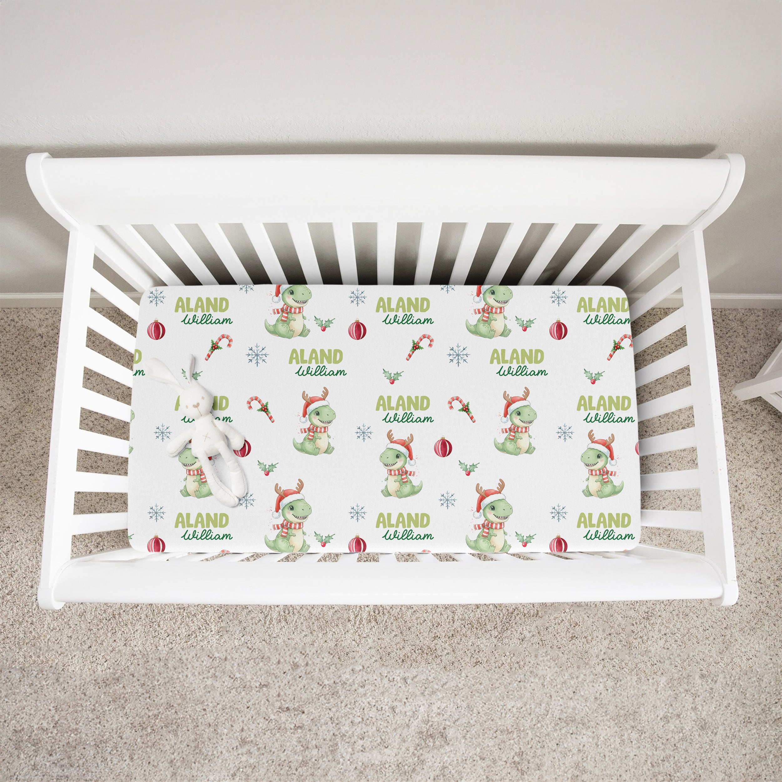 Personalized Crib Sheet in Dinosaur's Christmas