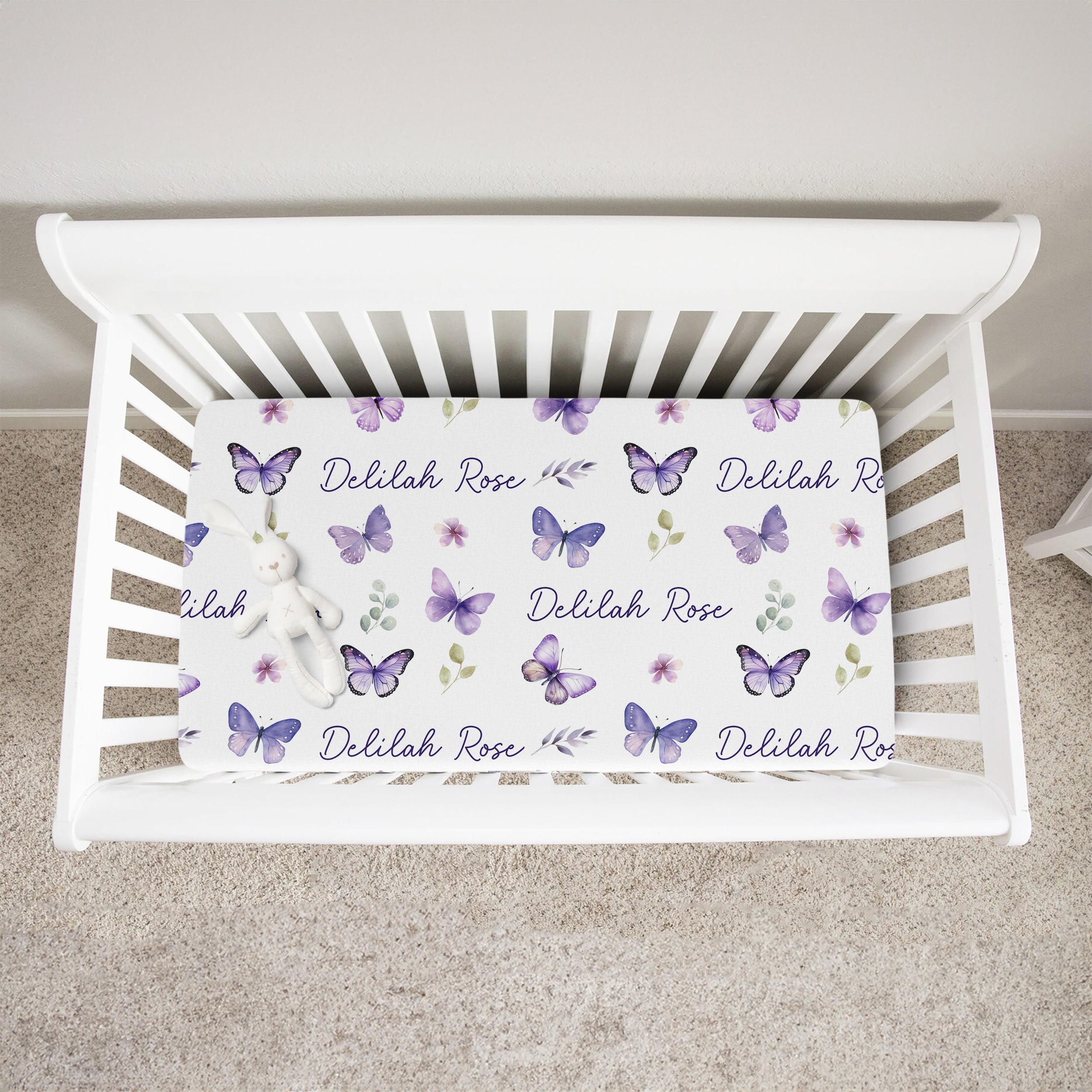 Purple Butterfly Personalized Crib Sheet