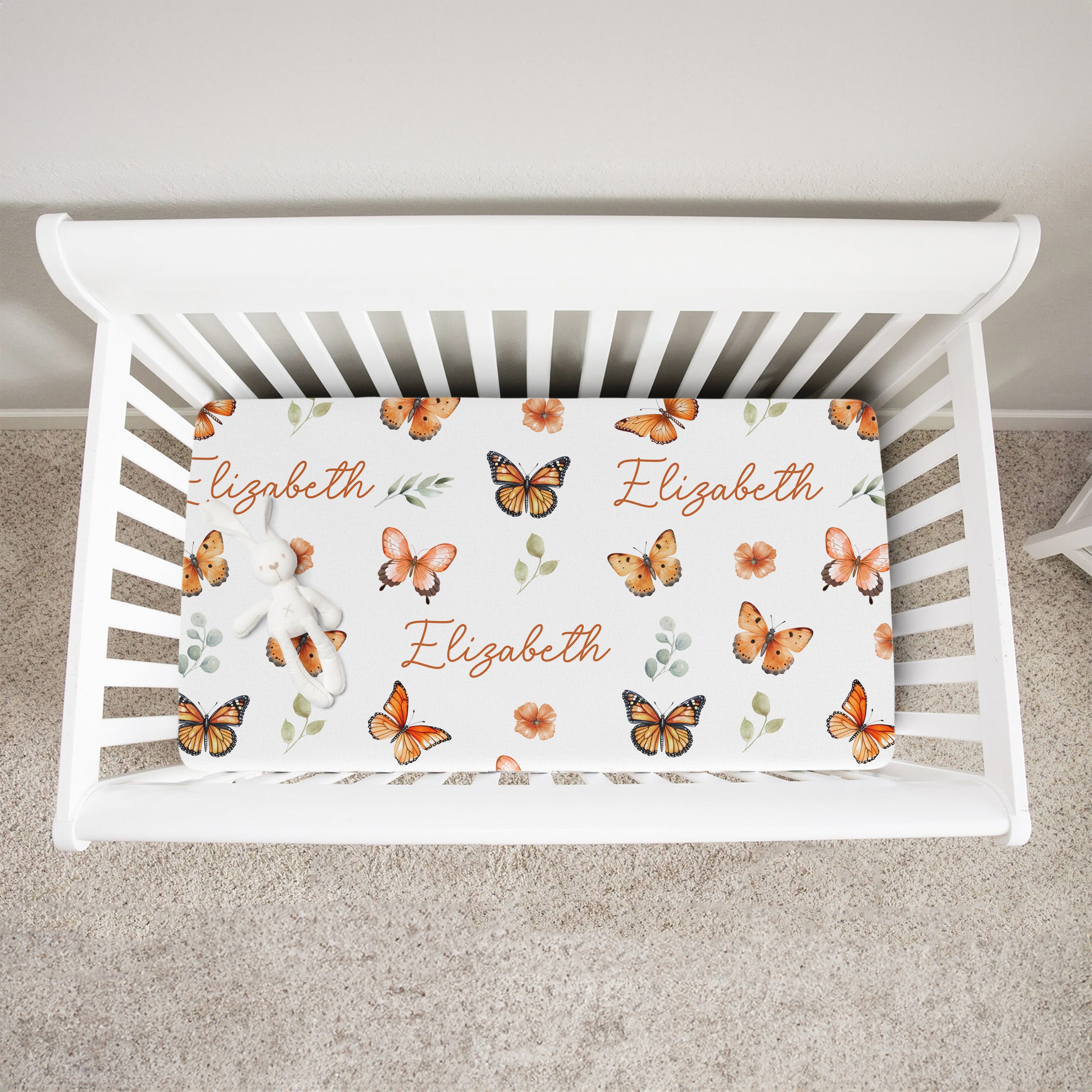 Orange Butterfly Personalized Crib Sheet