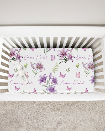 Personalized Crib Sheet in Purple Lilys