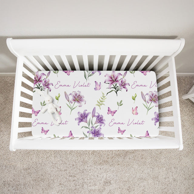 Personalized Crib Sheet in Purple Lilys