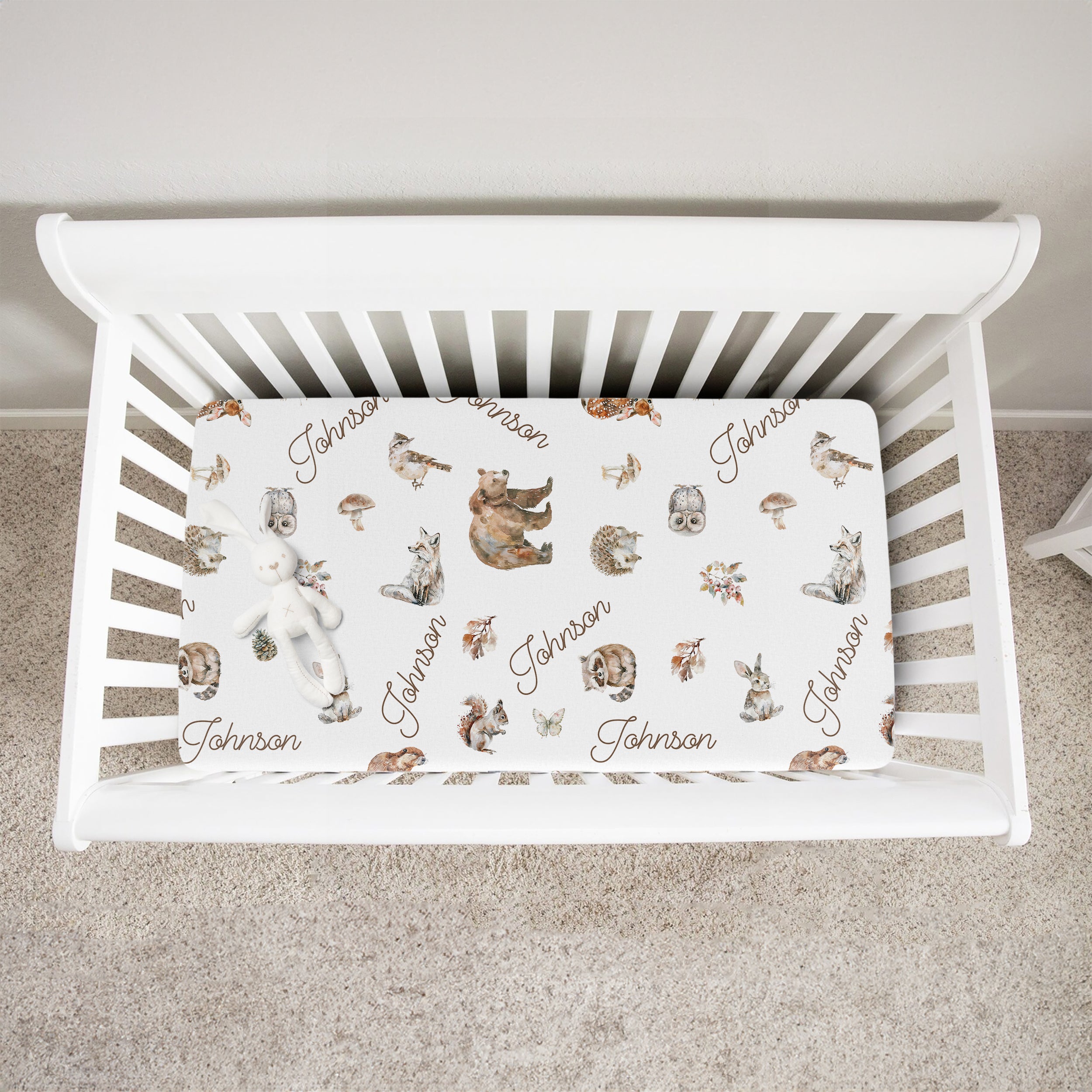 Personalized Crib Sheet in Woodland Animals