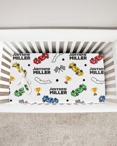 Personalized Crib Sheet in Pit Crew
