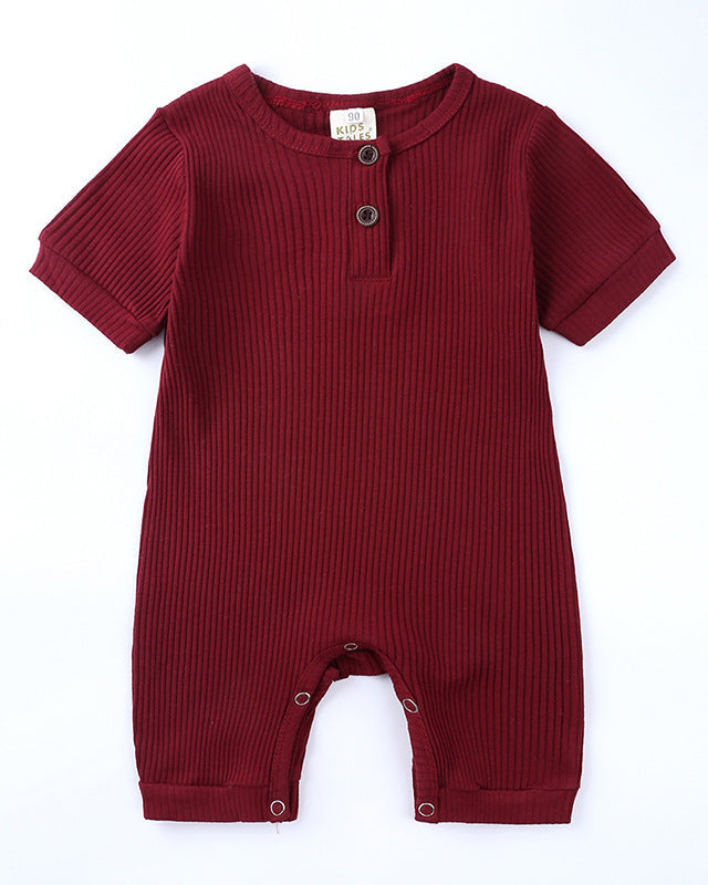 Ribbed Short-sleeved Snap Romper in Red Wine