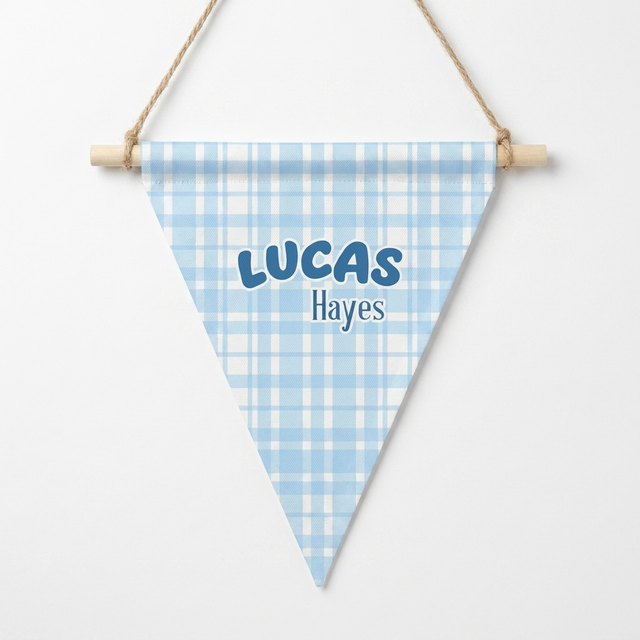 Name Triangle Pennant in Baby Blue Plaid