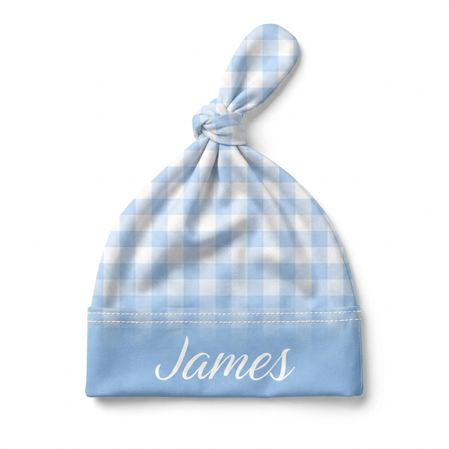 Personalized Knotted Hat in Baby Blue Gingham