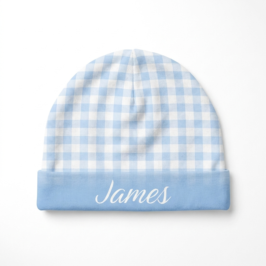 Personalized Beanie in Baby Blue Gingham