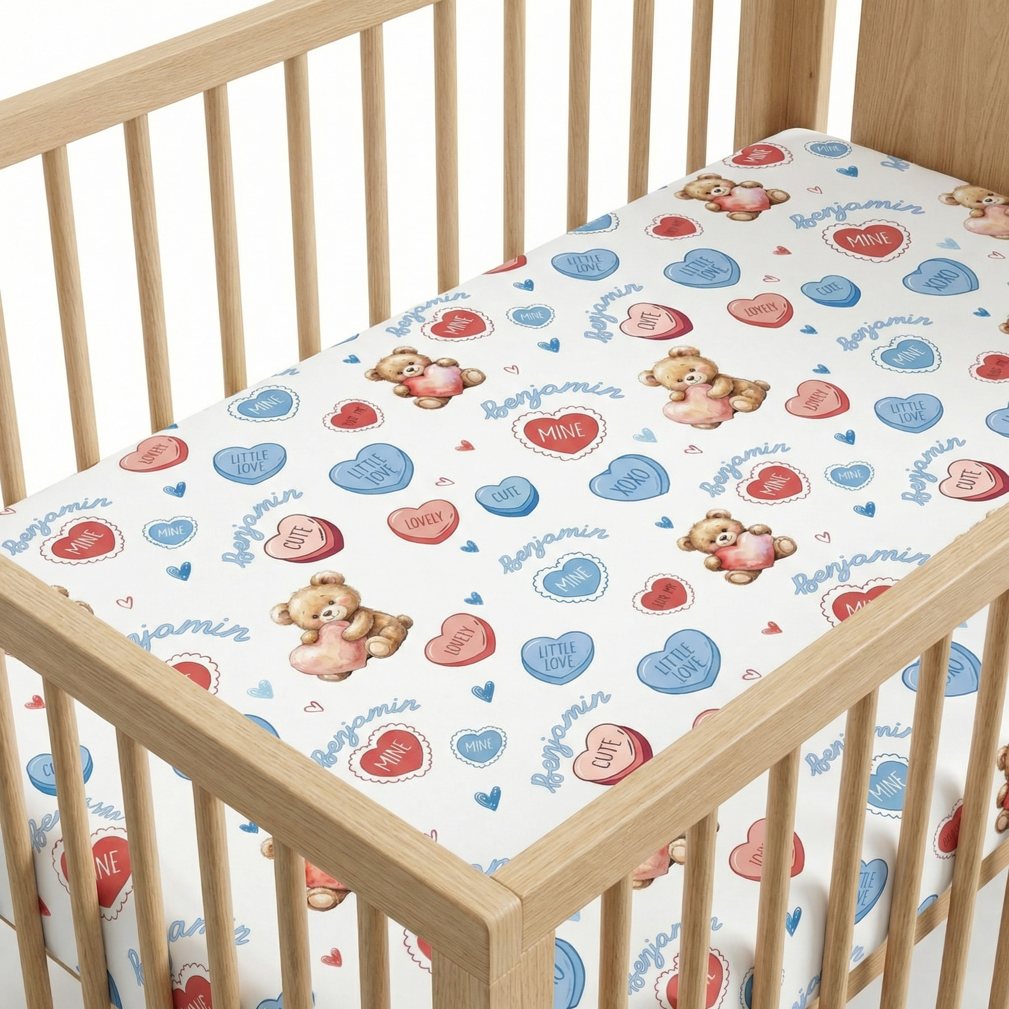 Personalized Crib Sheet in Blue Sweet Heart
