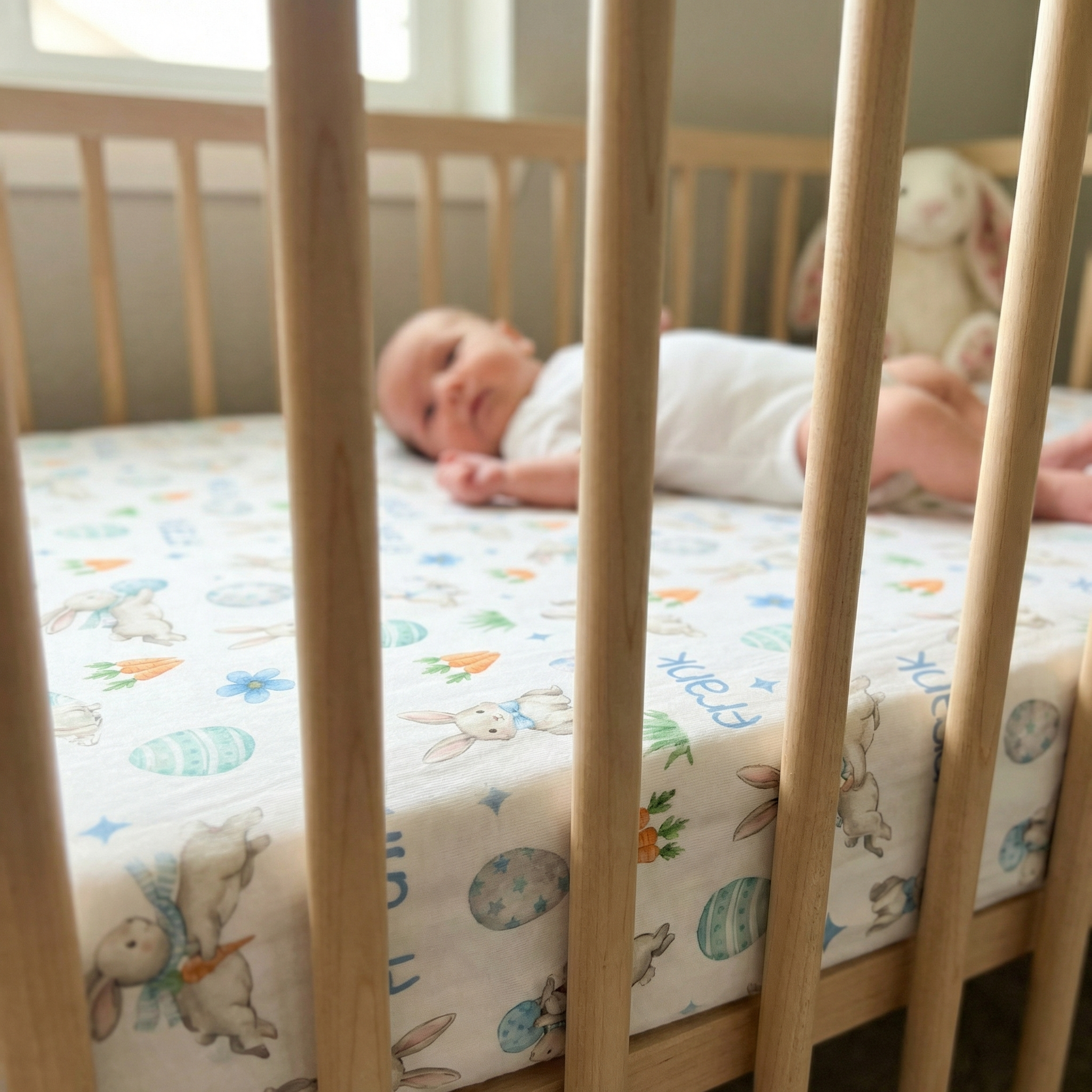 Personalized Crib Sheet in Blue Easter Eggs
