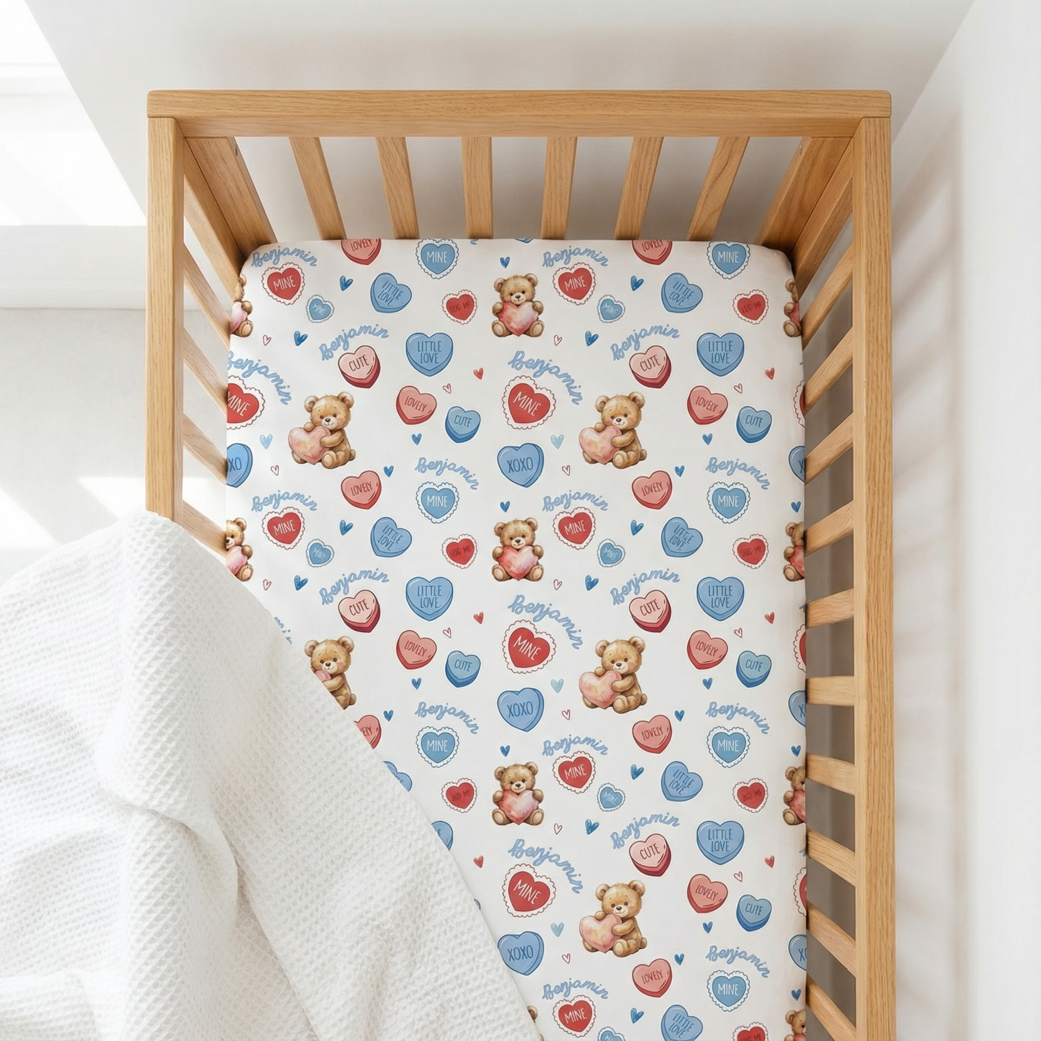 Personalized Crib Sheet in Blue Sweet Heart