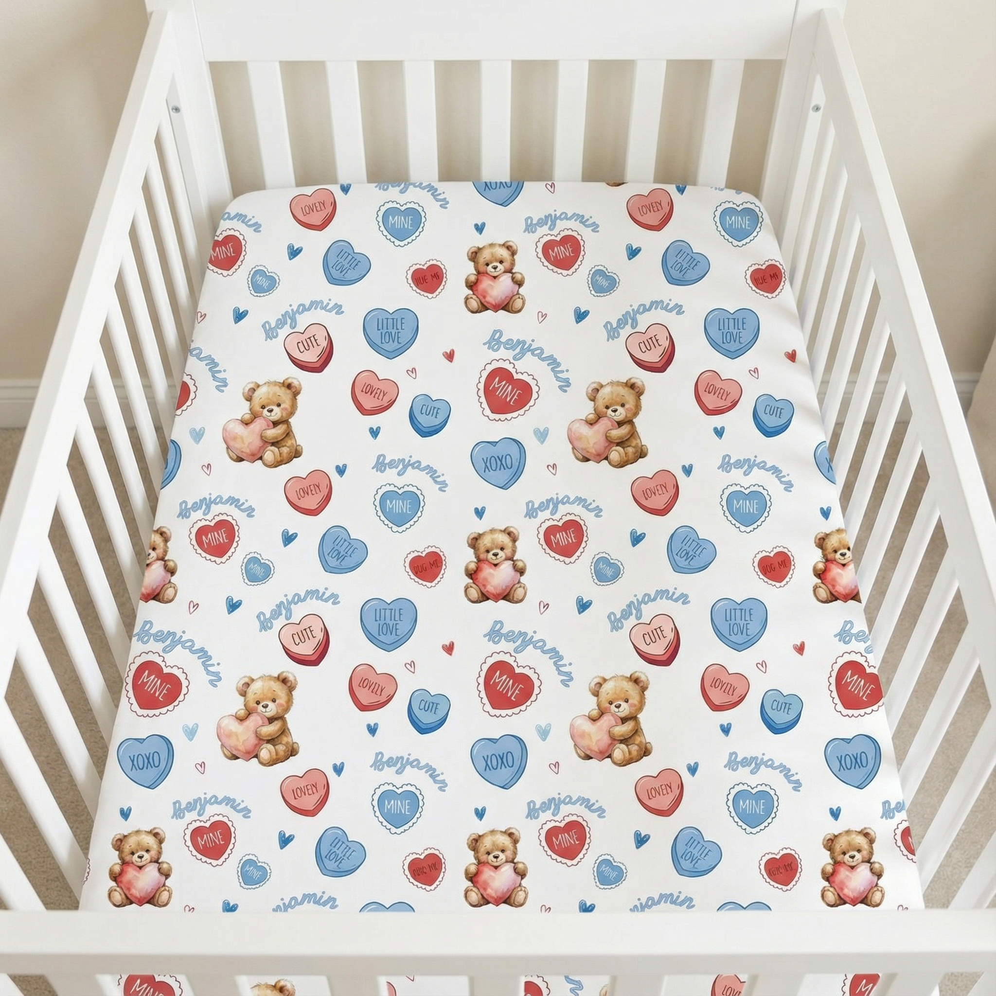 Personalized Crib Sheet in Blue Sweet Heart