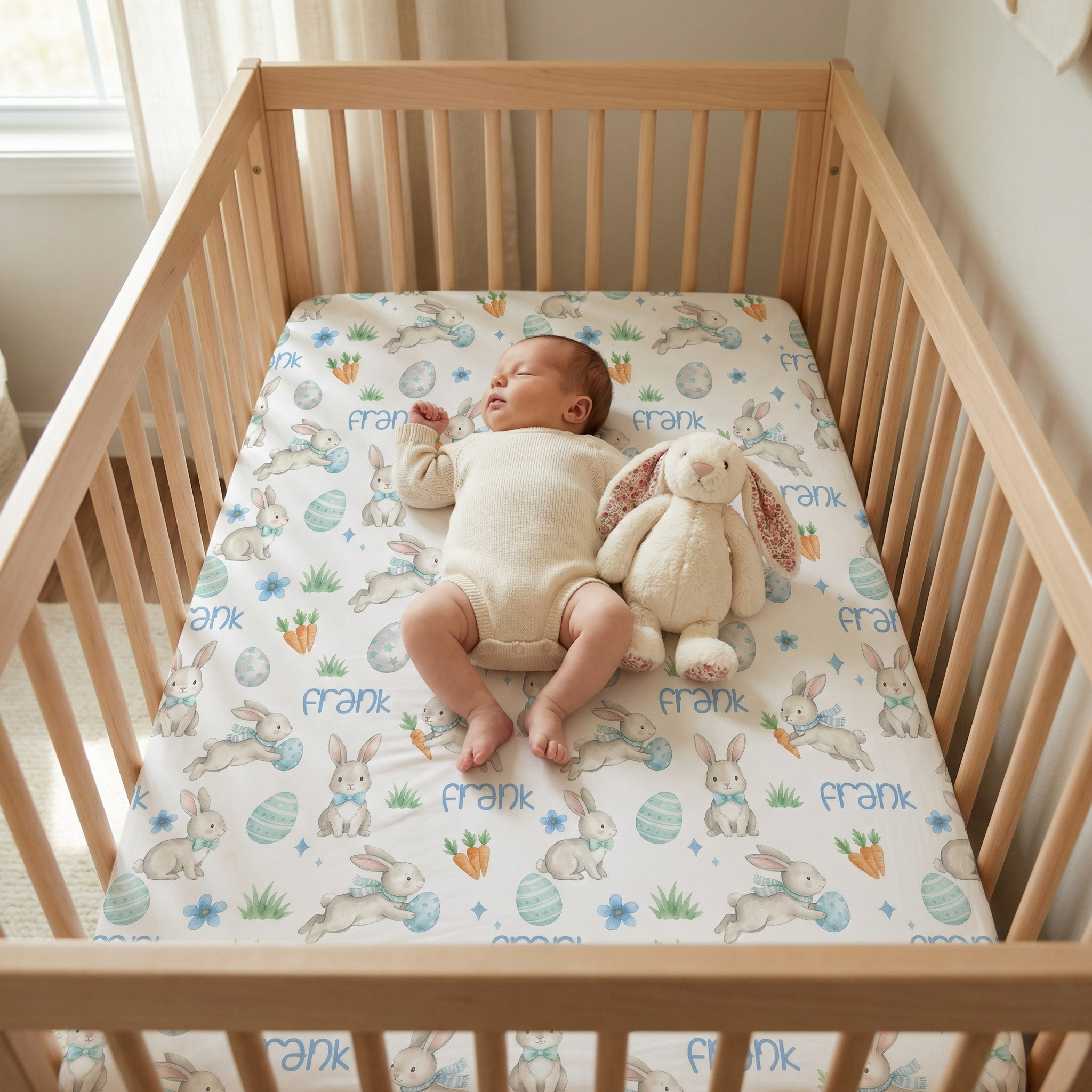 Personalized Crib Sheet in Blue Easter Eggs